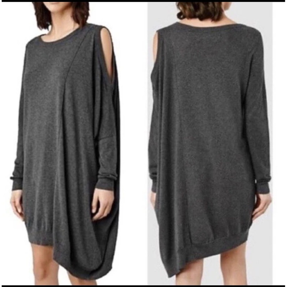 AllSaints Sago Dress Gray Cold Shoulder Knit Tunic Avant Garde Edgy Minimalist S